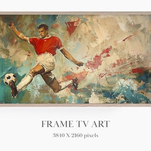 May include: Abstract painting of a soccer player in mid-air kicking a ball. The painting is done in a variety of colors, including red, blue, green, and yellow. The player is wearing a red jersey and white shorts. The background is a mix of abstract shapes and colors.