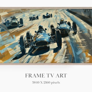 以下が含まれることがあります： トラックを疾走するビンテージレーシングカーの絵画。車は青と黒で、側面に黄色の数字2が書かれている。背景は黄色、青、白がぼやけている。