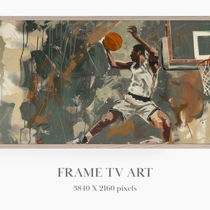 Puede incluir: Una pintura abstracta enmarcada de un jugador de baloncesto en el aire, a punto de hacer un mate. El jugador lleva una camiseta y pantalones cortos blancos, y el fondo es una mezcla de colores verdes, marrones y beige. La pintura tiene 3840 x 2160 píxeles.