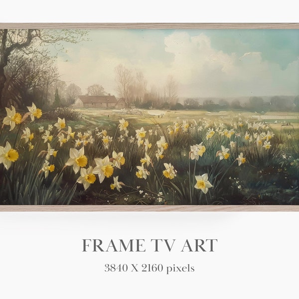 Daffodils Field Art, Frame TV Art Spring, Samsung Frame TV Art, Spring Flowers for TV, Spring Landscape, Vintage Rural Art, Muted Colors