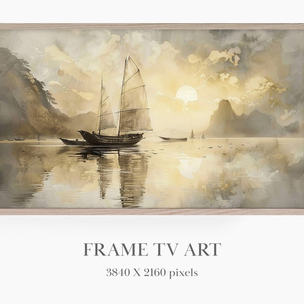 Samsung Frame TV Art Boat Painting of Chinese Junk, Seaside Reflections Picture Sailing Art Neutral Nautical Decor Sailboat Wall Art TV