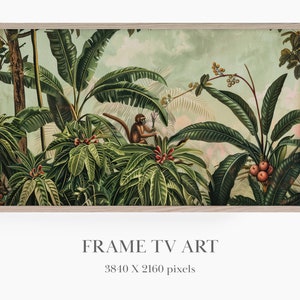 May include: A framed digital art print featuring a vintage botanical illustration of a lush jungle scene. The artwork showcases vibrant green foliage, a monkey, and various fruits, set against a soft, pastel background. The frame is a light wood color. Text at the bottom reads "FRAME TV ART".