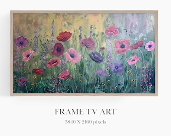 Samsung Frame tv Art Flower Field, Spring Wildflower Meadow TV Wall Art, Kolorowe kwiaty maku, Malarstwo sztuki wiejskiej, Pobieranie cyfrowe