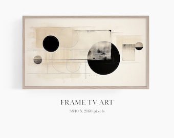 May include: Abstract art print with black circles and geometric shapes on a beige background. The print is framed in a light wood frame. FRAME TV ART 3840 X 2160 pixels