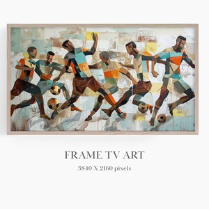 May include: Abstract painting of a group of football players in motion, with geometric shapes and vibrant colours, including blue, green, orange, and brown. The painting is framed in a light wood frame.