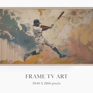Puede incluir: Una pintura enmarcada de un jugador de béisbol en pleno swing, con un fondo abstracto colorido. El jugador lleva un uniforme blanco con una gorra azul. La pintura tiene 3840 x 2160 píxeles.