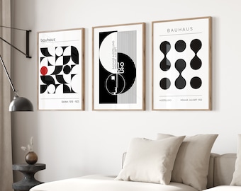 Bauhaus Posters Set of 3 Mid Century Wall Art Prints, Black and White Bauhaus Poster Set, Modern Wall Art Print Bundle, Exhibition Poster
