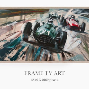 Puede incluir: Una pintura de tres coches de carreras antiguos que corren por una pista. Los coches son verdes, rojos y azules. La pintura está realizada en un estilo estilizado y abstracto con pinceladas audaces.