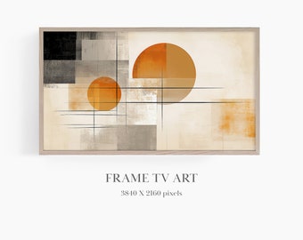 May include: Abstract art print with two orange circles on a beige background with black lines. The print is framed in a light wood frame. FRAME TV ART 3840 X 2160 pixels