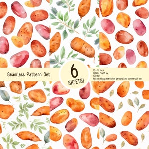 Conjunto de 6 patrones. Patrones sin costuras. Patrón de batata vegetariana. Patrones digitales escalables. Estilo de arte vintage acuarela. Descarga instantánea