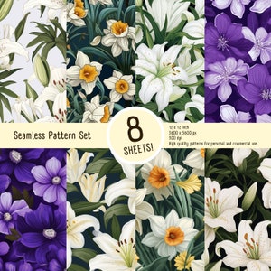 8 Muster-Set. Nahtlose Muster. Lilie, Veilchen, Narzisse Blumen Muster. Skalierbare Digitale Papiere. Natur Kunst Stil, Aquarell, Modern