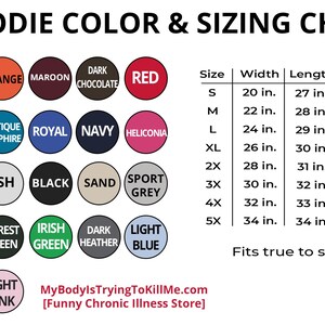 Hoodie sizing & color chart