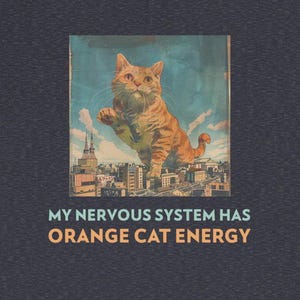 Puede incluir: Un diseño gráfico con un gato naranja de pie en un horizonte urbano. El texto "MY NERVOUS SYSTEM HAS ORANGE CAT ENERGY" está debajo de la imagen.