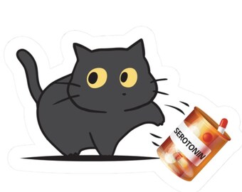 Katze klopfende Serotonin Flasche vom Tisch Lustige Aufkleber niedliche Katzen humorvolle Abziehbilder Depression Angst deprimiert OCD psychische Gesundheit
