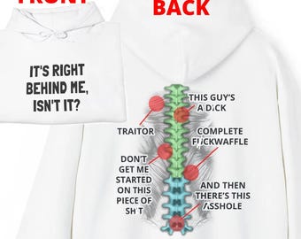 Está justo detrás de mí, ¿no es gracioso? Sudadera con capucha para el dolor de espalda. La parte trasera de la camiseta tiene columna vertebral y comentarios divertidos. Camisetas para el dolor de espalda crónico.