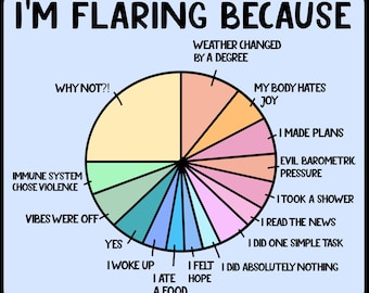 May include: A pie chart with the text "I'M FLARING BECAUSE" at the top. The chart is divided into segments with reasons like "Weather changed by a degree," "My body hates joy," and "I woke up."