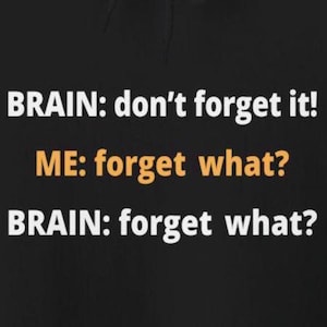 May include: A black and white graphic with the text "BRAIN: don't forget it! ME: forget what? BRAIN: forget what?"