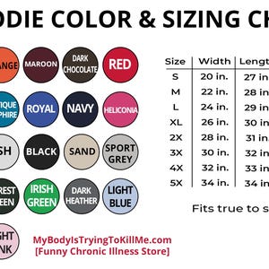 K&ouml;nnte beinhalten: Hoodie-Farb- und Gr&ouml;&szlig;entabelle mit einer Vielzahl von Farben, darunter Gold, Orange, Rotbraun, Dunkelbraun, Rot, Carolina-Blau, Antiksapphir, K&ouml;nigsblau, Marine, Heliconia, Wei&szlig;, Asche, Schwarz, Sand, Sportgrau, Milit&auml;rgr&uuml;n, Waldgr&uuml;n, Irischgr&uuml;n, Dunkelgrau, Hellblau, Lila und Hellrosa. Die Tabelle zeigt die Gr&ouml;&szlig;en von S bis 5X mit den entsprechenden Breiten-, L&auml;ngen- und &Auml;rmelma&szlig;en in Zoll.
