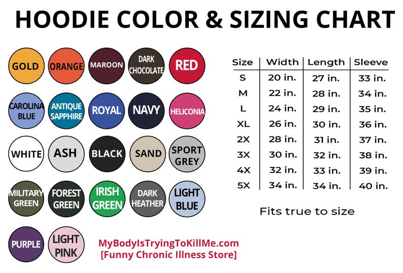 K&ouml;nnte beinhalten: Hoodie-Farb- und Gr&ouml;&szlig;entabelle mit einer Vielzahl von Farben, darunter Gold, Orange, Rotbraun, Dunkelbraun, Rot, Carolina-Blau, Antiksapphir, K&ouml;nigsblau, Marine, Heliconia, Wei&szlig;, Asche, Schwarz, Sand, Sportgrau, Milit&auml;rgr&uuml;n, Waldgr&uuml;n, Irischgr&uuml;n, Dunkelgrau, Hellblau, Lila und Hellrosa. Die Tabelle zeigt die Gr&ouml;&szlig;en von S bis 5X mit den entsprechenden Breiten-, L&auml;ngen- und &Auml;rmelma&szlig;en in Zoll.