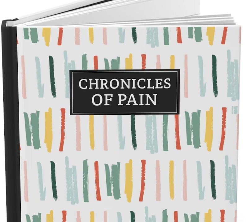 Chronic Pain Journal  Chronicles of Pain Hardcover Lined Journal for Spoonies Medical Planner a journal book with abstract lines in different colors with black box and binding in white lettering chronicles of pain