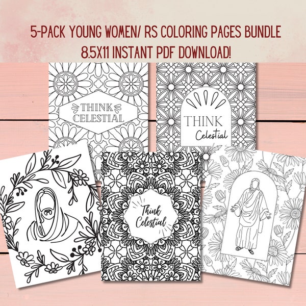 Young Women/Relief Society Printable Coloring Pages Bundle - 5 Pack- 8.5x11 Instant PDF Download! Think Celestial/LDS/Mandala/Jesus Christ