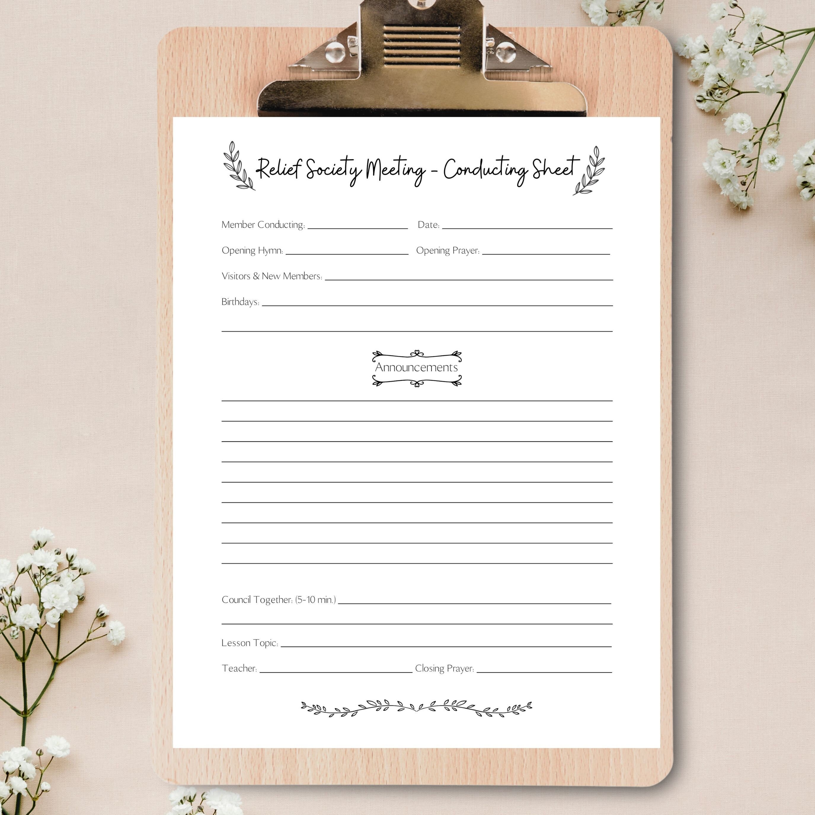 Relief Society Sunday Meeting Conducting Sheet 8.5x11 Instant PDF ...