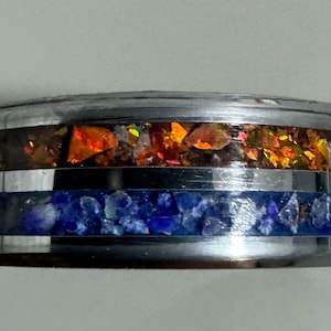 Fire and Ice Ring - Lapis Lazuli and Blood Orange Opal - Blue and Orange Glow In the Dark