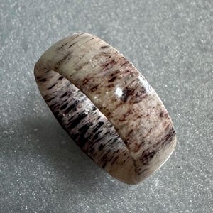 May include: A close-up of a ring with a unique wood grain pattern. The ring is primarily beige with dark brown and black streaks throughout. The ring has a smooth, polished finish and is set against a light gray background.
