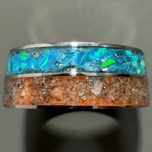 Sky Blue Opal and Beach Sand Double Channel Inlay Ring - Aqua and Yellow Glow in the Dark