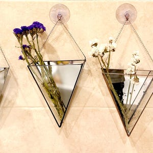 Triangle hanging glass vase with chain, Geometric glass air planter, Decorative flowers holder, Window mirror vase, Granny's Christmas gift