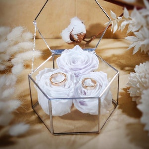 Hexagon glass display box, Mini glass jewelry organizer, Tiny glass chest with lid, Wedding double ring holder, Geometric glass keepsake box