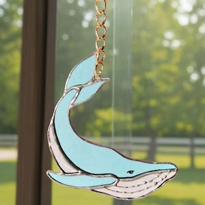 Stained glass whale suncatcher, Home decor blue sun catcher, Whale window hanging ornament, Nautical gift ideas, Coastal wall decoration