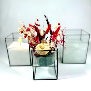 Könnte beinhalten: Eine klare Glaswürfelvase mit schwarzem Metallrahmen, gefüllt mit getrockneten Blumen. Die Blumen sind rot, weiß und cremefarben. Die Vase steht auf einer weißen Oberfläche.