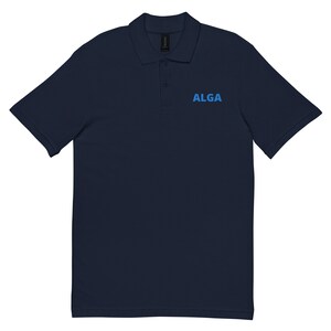 May include: A navy blue polo shirt with a blue embroidered logo that says "ALGA".