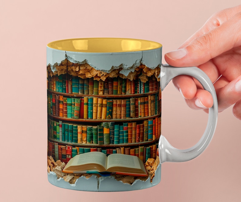 3D-muggomslag för bokhylla: Bokälskarens kaffemugg (digital nedladdning av 300 g och 450 g PNG) bild 1