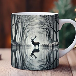 Deer Reflection Mug Wrap, 11oz And 15oz Mug Template, Lake Mug Sublimation Design, Forest Mug Wrap Template, Instant Digital Download PNG