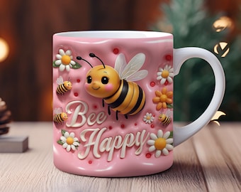 3D Bee Happy Inflated Bee Mug Wrap PNG, Puffy Honeycomb Mug Sublimation Design, 3D Daisy Flowers 11oz & 15oz Coffee Cup Wrap, Commercial Use