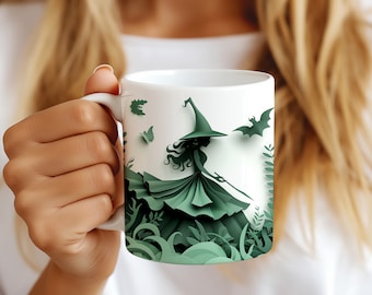 3D Green Witch Mug Wrap, 11oz 15oz Mug Design, 3D Halloween Paper Quilling Mug Sublimation, 3D Black Mug Wrap, 11oz Mug Png