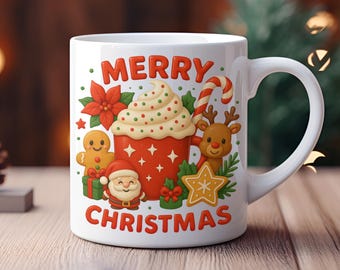 Envoltorio de taza navideño PNG: Papá Noel, reno, pan de jengibre, festividades, café (Descarga digital)