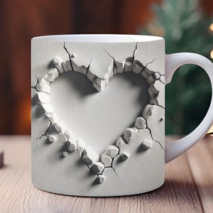 3D Heart Hole In A Mug Wrap, 11oz, 15oz Mug Template, Cracked Wall Mug, Photo Mug Wrap, Sublimation Mug Design