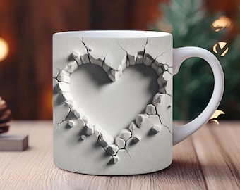 3D Heart Hole In A Mug Wrap, 11oz, 15oz Mug Template, Cracked Wall Mug, Photo Mug Wrap, Sublimation Mug Design