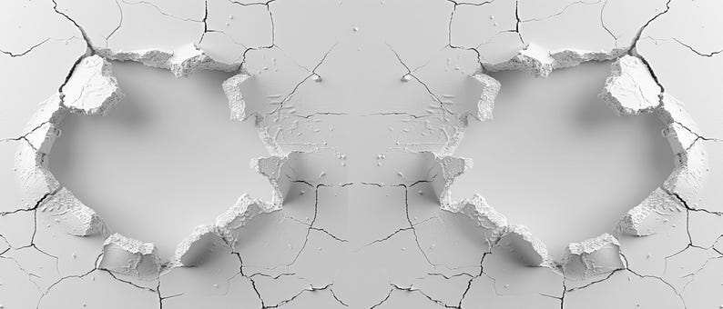 K&ouml;nnte beinhalten: Ein wei&szlig;er, strukturierter Hintergrund mit zwei symmetrischen L&ouml;chern in Herzform. Die L&ouml;cher sind von rissigen R&auml;ndern umgeben.
