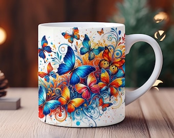 Envoltura para taza con mariposas de acuarela: Diseño de sublimación (descarga digital)