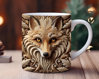 3D Fox Mug Wrap PNG: Forest Carving Sublimation Design (Digital Download)