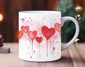Envoltorio de taza para San Valentín: Diseño de corazones de acuarela (Descarga digital)