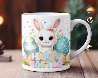 Cute Easter Bunny Mug Wrap PNG, Happy Easter Mug PNG for Sublimation, Spring Coffee Mug Design, 11oz & 15oz Mug Template, Commercial Use