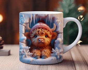 Highland Kuh 3D Becher Wrap: Kaffeetasse PNG Design (Digitaler Download)