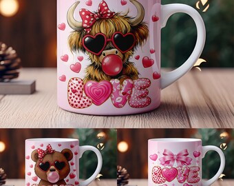 Paquete PNG de envoltura para taza de San Valentín, vaca de las Tierras Altas, oso de peluche y lazo Coquette
