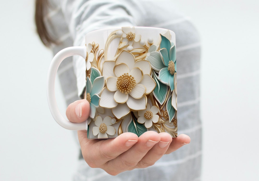 3D Floral Mug: White & Teal Flower Design (digital Download) - Etsy