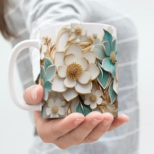 3D White Teal Flowers Mug, White Floral Mug, Wedding Mug Design, Floral Mug PNG, 3D Mug,11oz,15oz Mug Sublimation Wrap, Digital Download